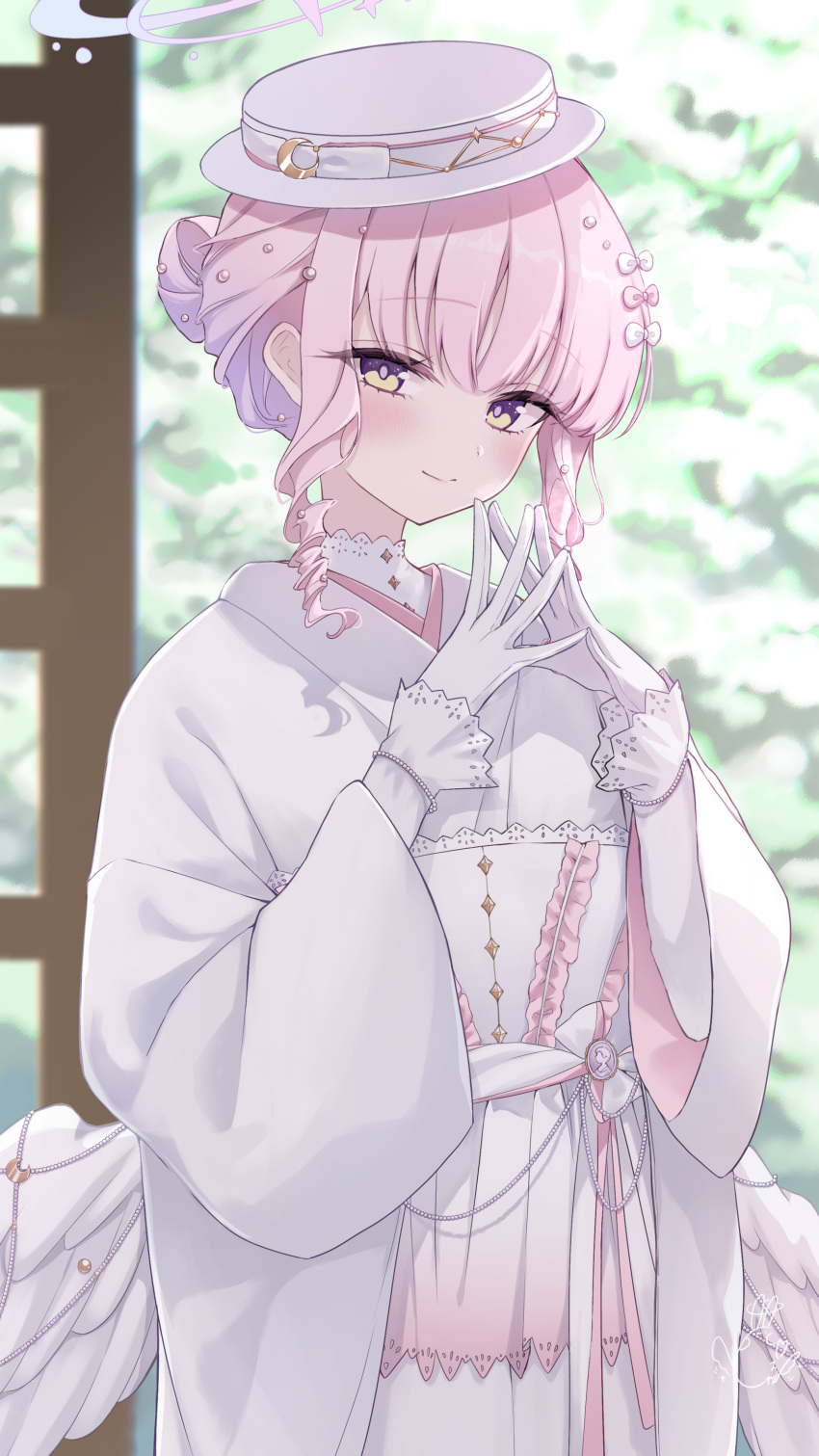 1girl, absurdres, blue_archive, blush, closed_mouth, commentary, feathered_wings, gloves