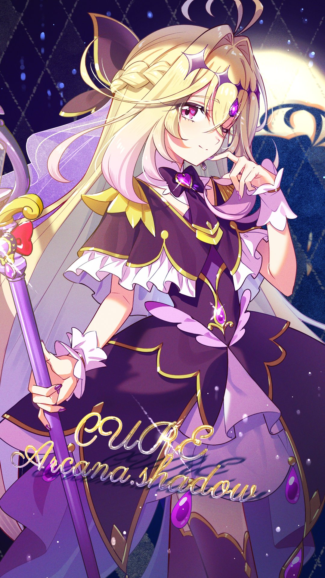 1girl, antenna_hair, black_bow, black_bowtie, black_capelet, black_dress, black_thighhighs, blonde_hair