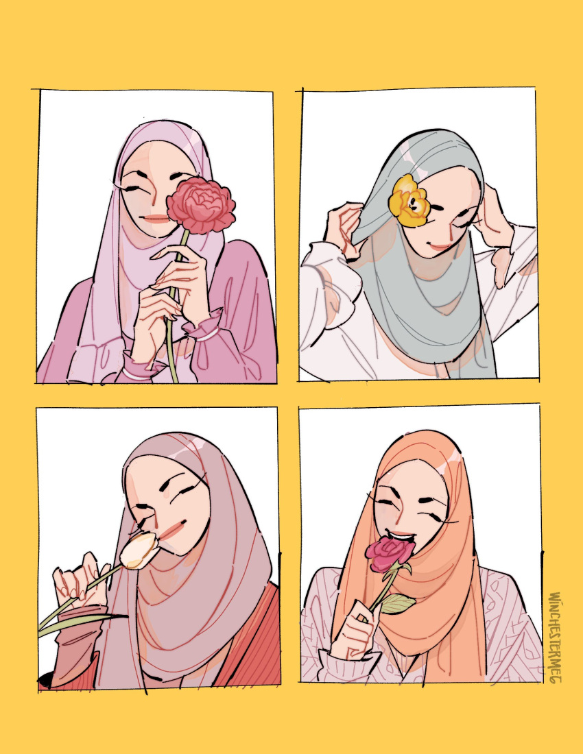 4girls, aqua_hijab, artist_name, flower, highres, hijab, multiple_girls, orange_hijab, original, pink_flower, red_flower, tulip, white_flower, white_tulip, winchestermegg, yellow_background
