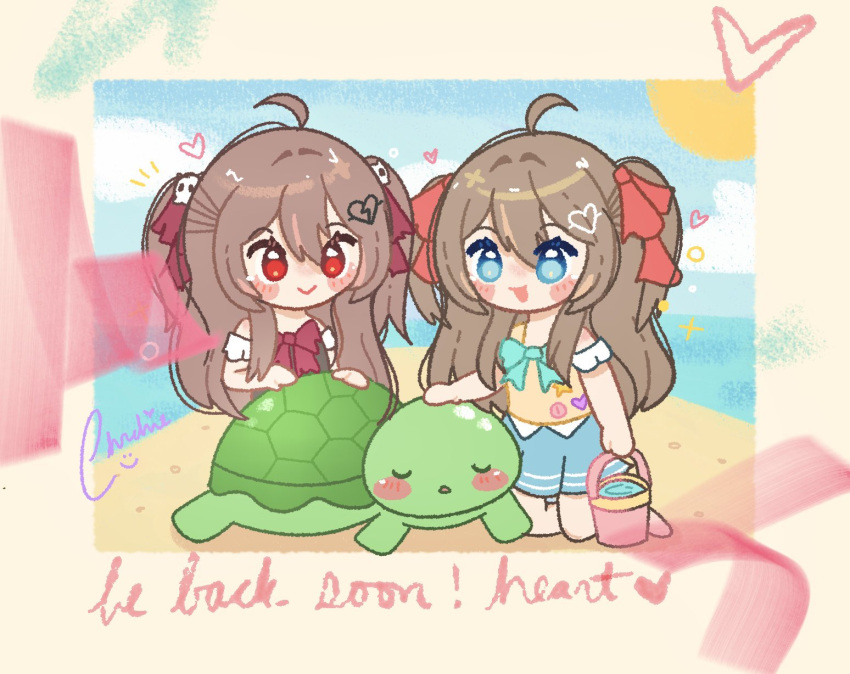 2girls, :>, :d, adapted_costume, ahoge, aqua_bow, aqua_bowtie, beach, black_tank_top, blue_eyes, blue_skirt, blush, blush_stickers, border, bow, bowtie, broken_heart, broken_heart_hair_ornament, brown_hair, bucket, chibi, chibi_only, chrchie_(artist), english_text, evil_neuro-sama, hair_between_eyes, hair_intakes, hair_ornament, hair_ribbon, heart, highres, holding, holding_bucket, kneeling, long_hair, looking_at_animal, multiple_girls, neuro-sama, notice_lines, ocean, outdoors, red_bow, red_bowtie, red_eyes, red_ribbon, ribbon, sand, siblings, sisters, skirt, skull_hair_ornament, sleeping, smile, sparkle, sun, tank_top, turtle, twins, two_side_up, vedal987, vedal_ai, very_long_hair, virtual_youtuber, water, yellow_border, yellow_tank_top