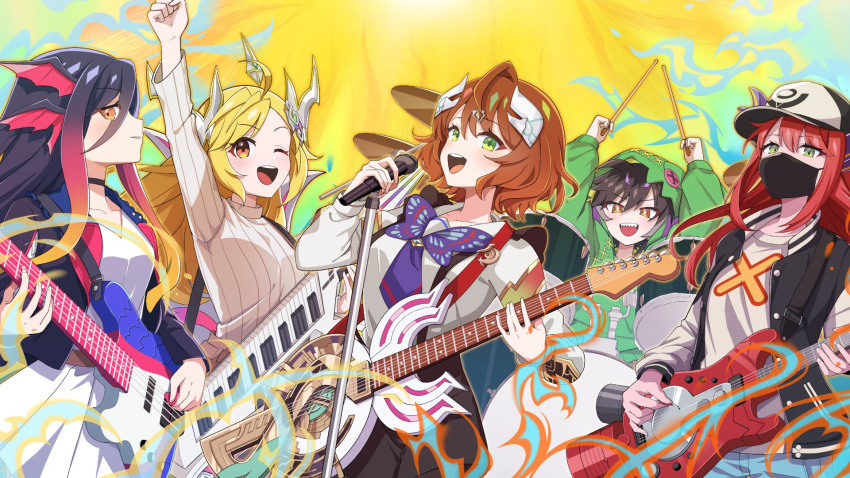 5girls, ahoge, animal_hood, anno_akira, anno_syura, arm_up, arms_up, artist_request