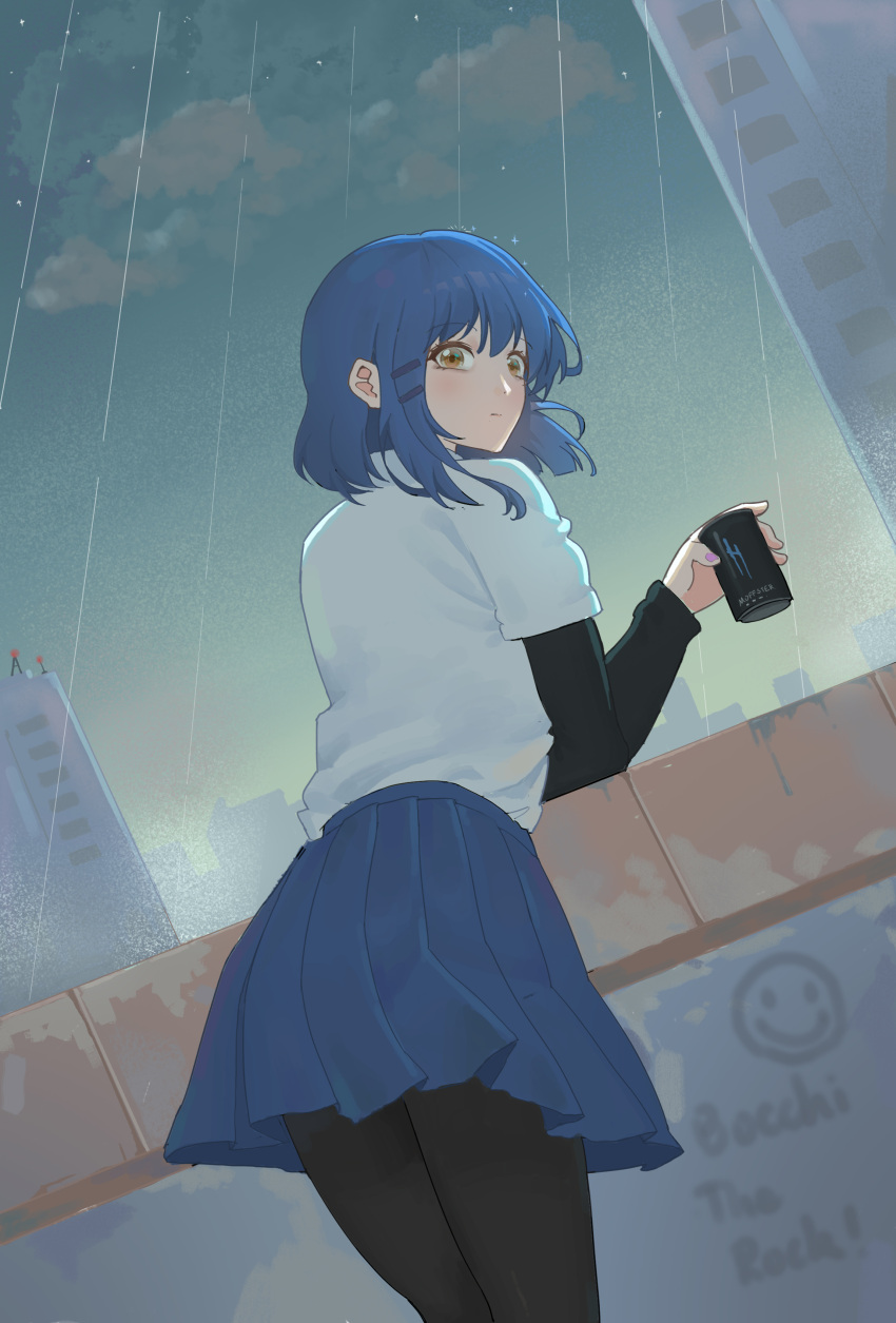 1girl, absurdres, blue_hair, blue_skirt, bocchi_the_rock!, brown_eyes, can, closed_mouth