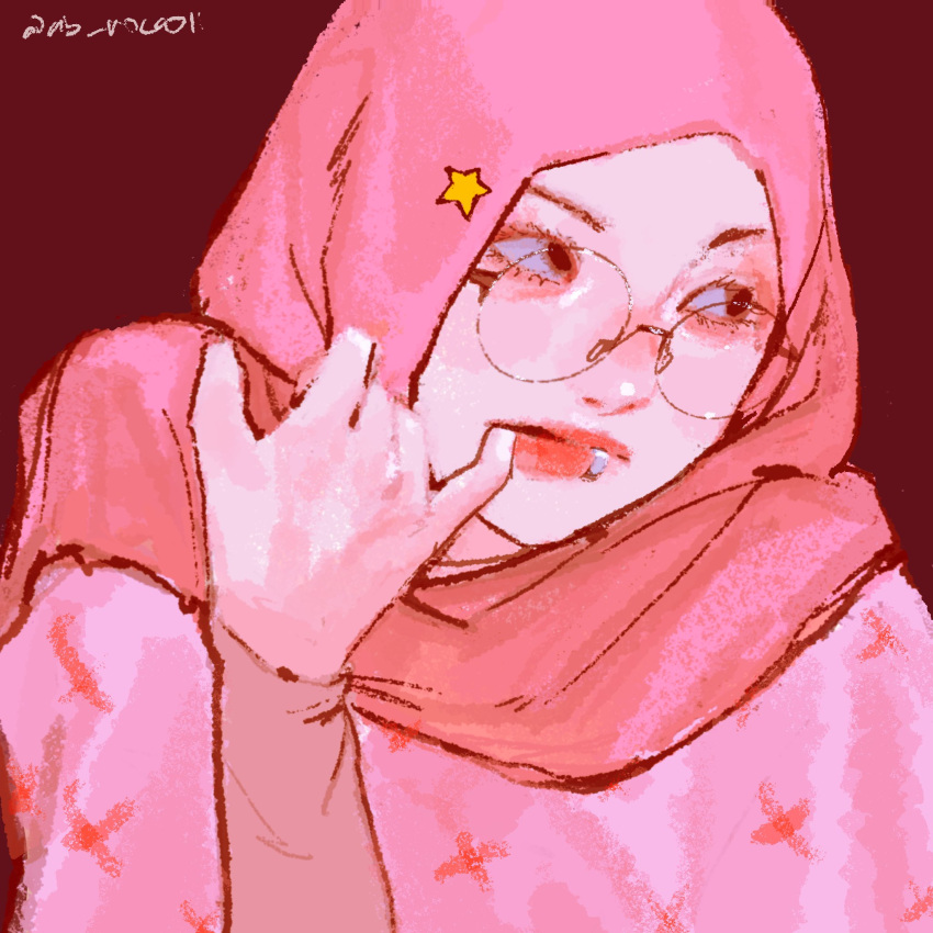 1girl, ab_roccoli, face_piercing, glasses, highres, hijab, lip_piercing, lip_ring