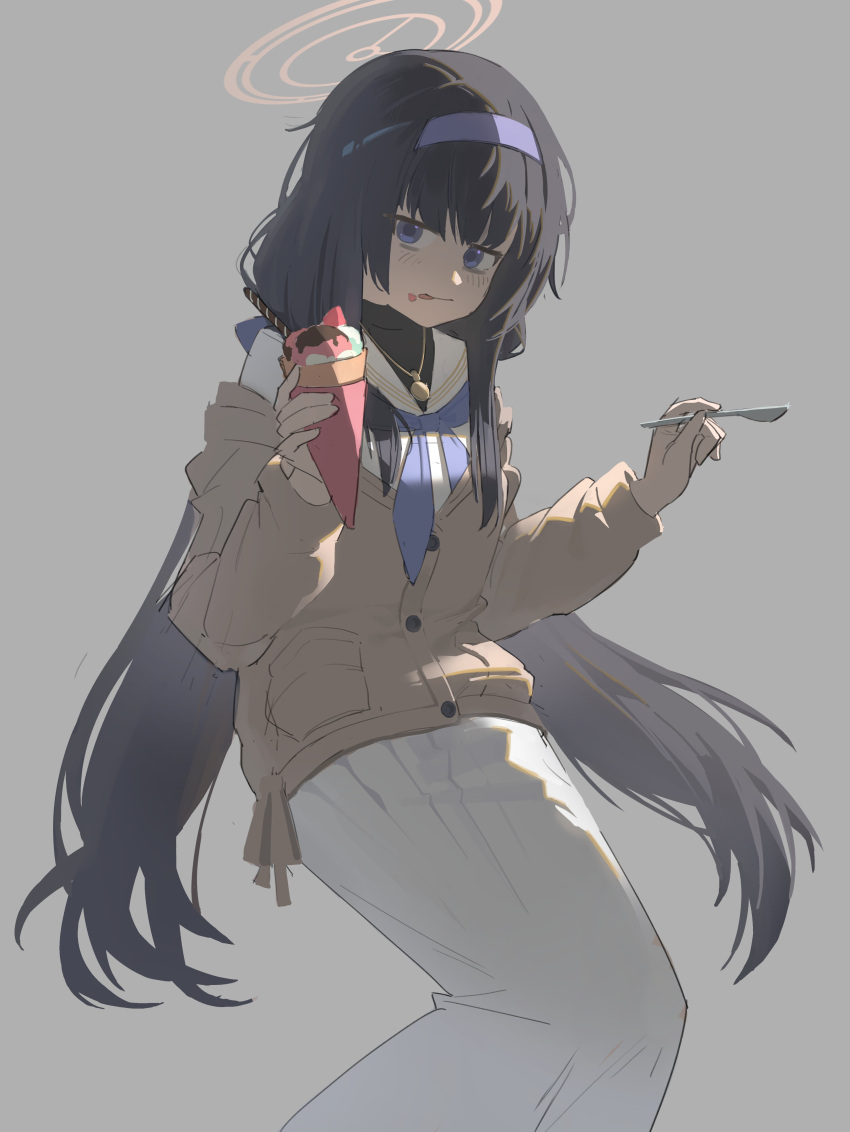 1girl, absurdres, black_hair, blue_archive, blue_eyes, blue_neckerchief, brown_cardigan, cardigan