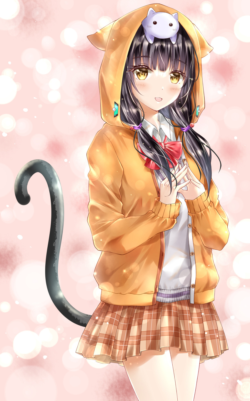1girl, :d, absurdres, animal_on_head, asakura_karen_(heaven_burns_red), ayaro_(genkiloobaii), black_hair, blunt_bangs
