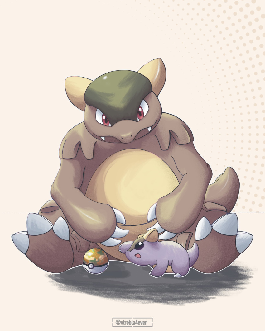 claws, closed_mouth, commentary, english_commentary, fangs, highres, kangaskhan, no_humans, nostrils, open_mouth, parent_and_child, poke_ball, pokemon, pokemon_(creature), pokemon_focus, red_eyes, safari_ball, sitting, twitter_username, vtrebla4ever