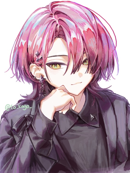 18trip, 1boy, arm_support, artist_name, black_bow, black_jacket, black_shirt, blazer