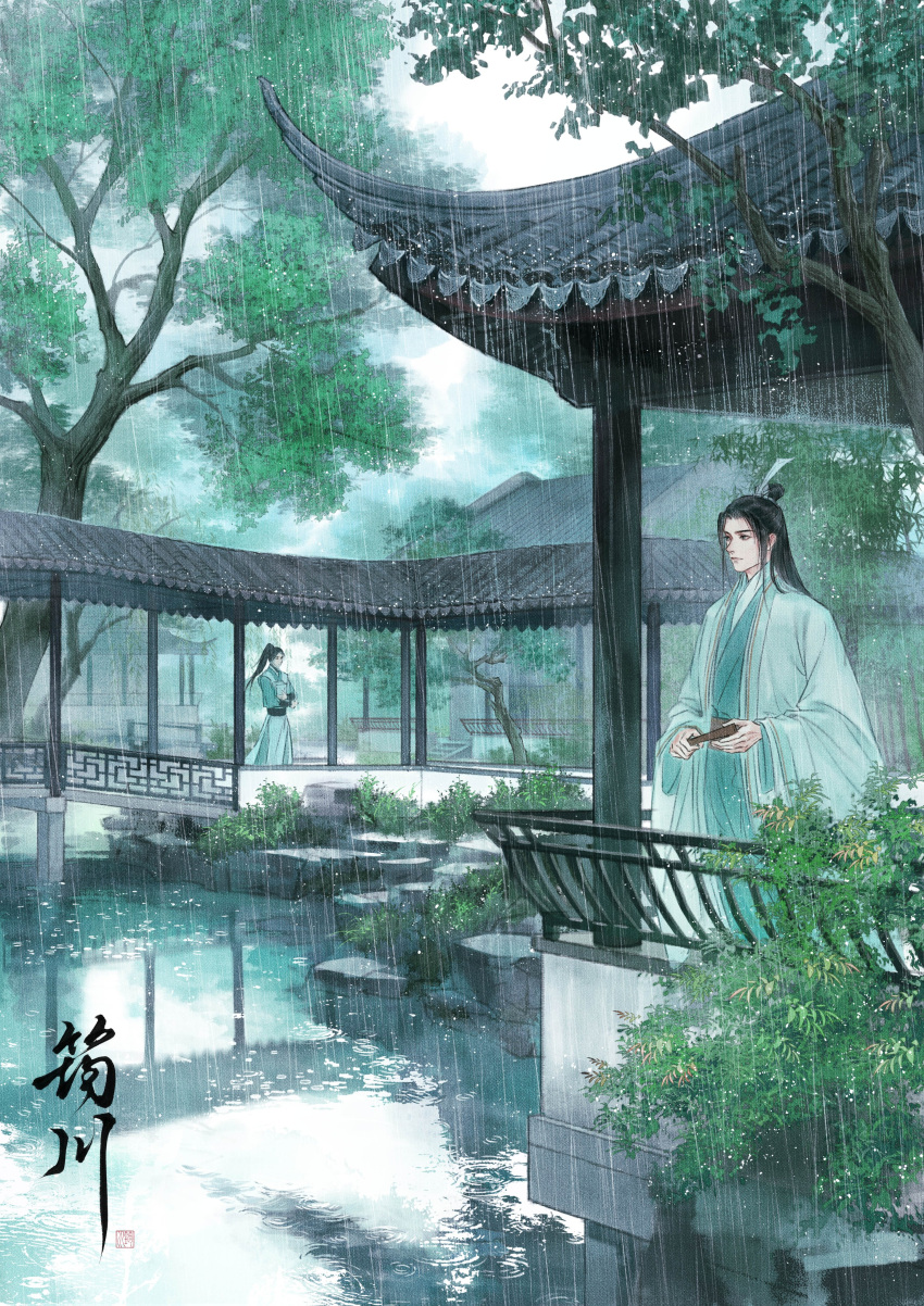 2boys, absurdres, architecture, black_hair, building, chinese_clothes, closed_mouth, column