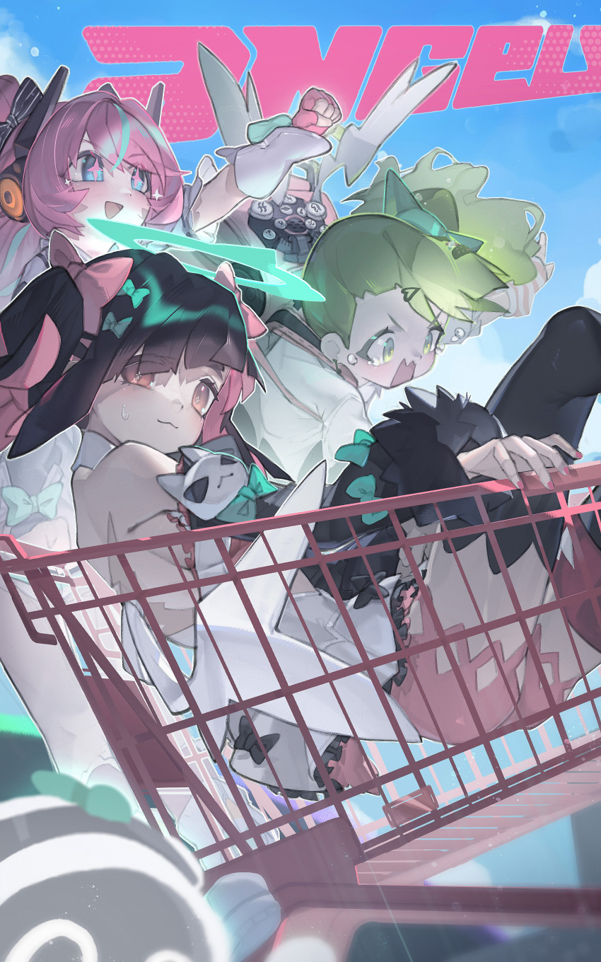 2ho, 3girls, absurdres, angels_of_delusion, black_hair, blue_eyes, bow, chinatsu_remiel, commentary, english_commentary, green_eyes, green_hair, halo, highres, humanoid_robot, multicolored_hair, multiple_girls, pink_eyes, pink_hair, robot, rokudu_sariel, screaming, shopping_cart, side_ponytail, sparkling_eyes, twintails, wings, yutane_johiel, zenless_zone_zero