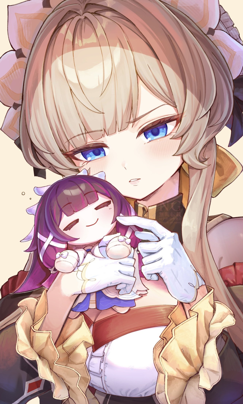 1girl, black_collar, blue_eyes, blush, brown_hair, center_frills, character_doll, collar