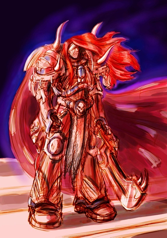 armor, cape, elizaveta_bikuin, horns, long_hair, magnus_the_red, male, one-eyed, red_hair, redhead, sword, warhammer_40k, weapon