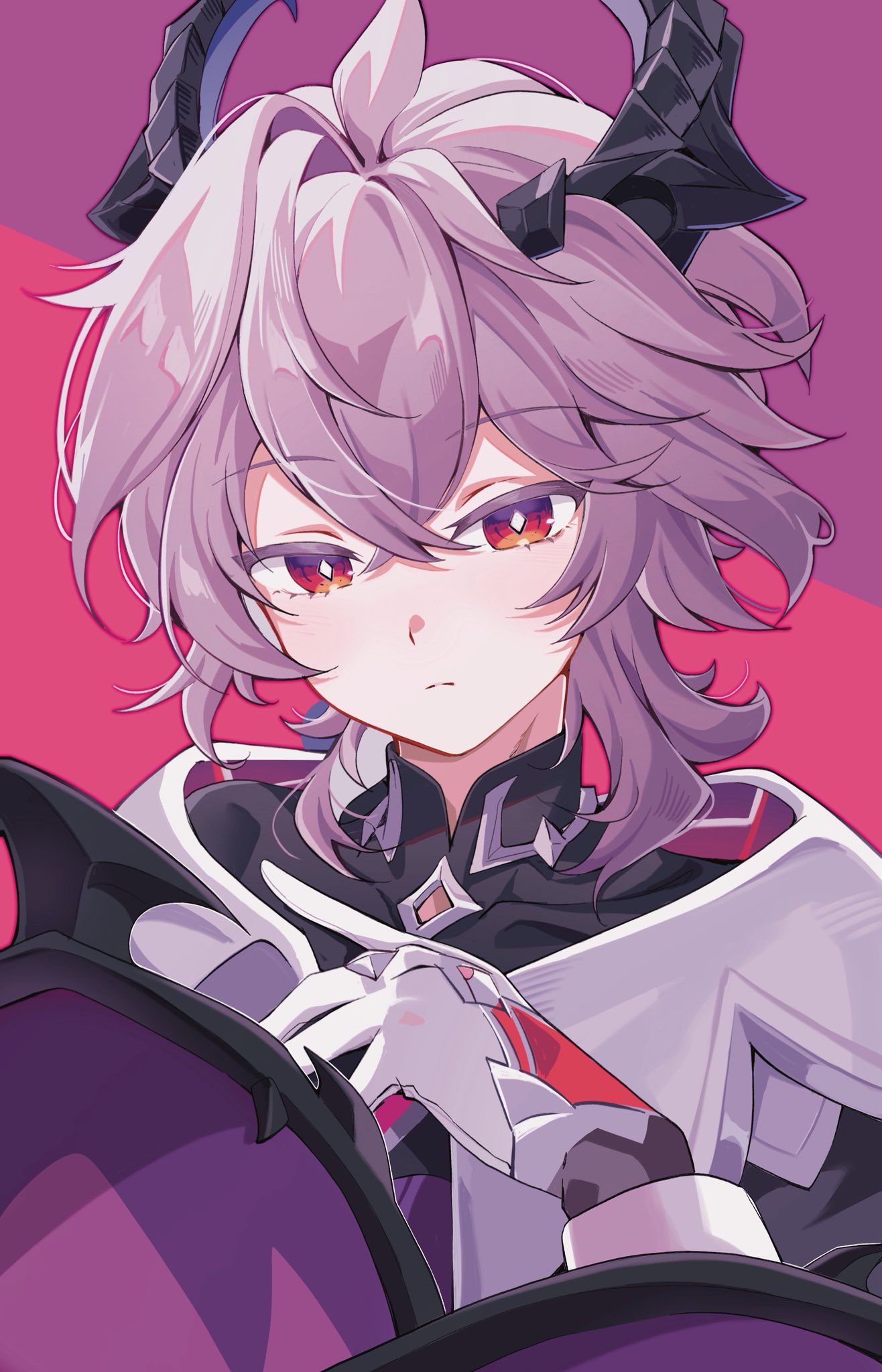 1boy, black_horns, black_shirt, bright_pupils, closed_mouth, colored_eyelashes, commentary_request, diamond-shaped_pupils