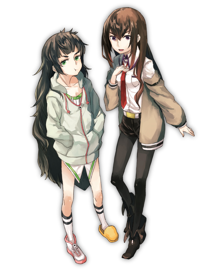 2girls, asymmetrical_footwear, belt, black_pantyhose, boots, brown_hair, brown_jacket, commentary_request