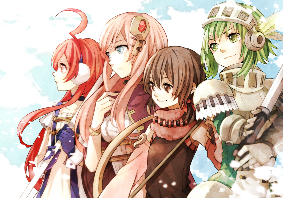 ahoge, armor, brown_eyes, brown_hair, detached_sleeves, earmuffs, fantasy, gauntlets