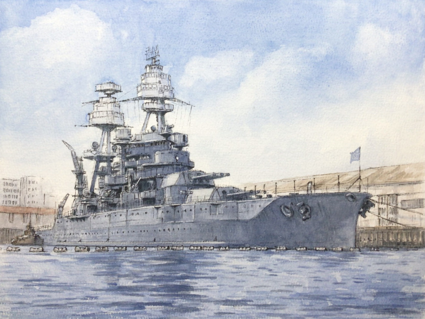atelier_bono, battleship, cannon, commentary_request, harbor, highres, mast, military_vehicle