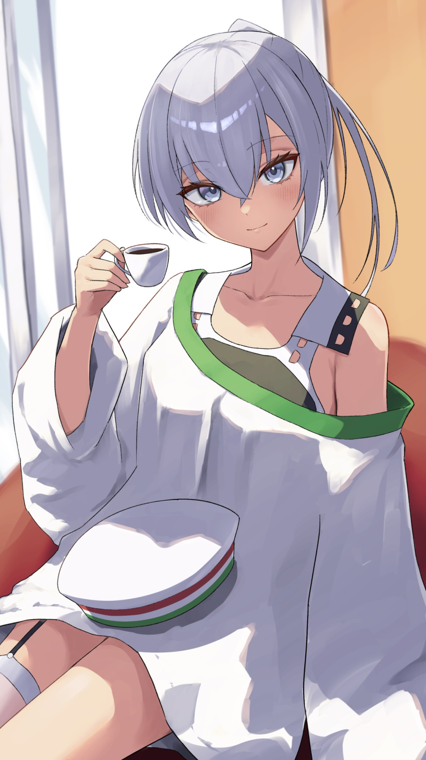 1girl, absurdres, black_one-piece_swimsuit, commentary_request, cup, dace_(kancolle), dixie_cup_hat, garter_straps, grey_eyes, grey_hair, hat, highres, holding, holding_cup, indoors, kantai_collection, l_meet, leonardo_da_vinci_(kancolle), looking_at_viewer, military_hat, one-piece_swimsuit, oversized_clothes, oversized_shirt, shirt, side_ponytail, single_garter_strap, single_thighhigh, sleeves_past_fingers, sleeves_past_wrists, smile, solo, swimsuit, swimsuit_under_clothes, thigh-highs, two-tone_one-piece_swimsuit, unworn_headwear, white_hat, white_shirt, white_thighhighs
