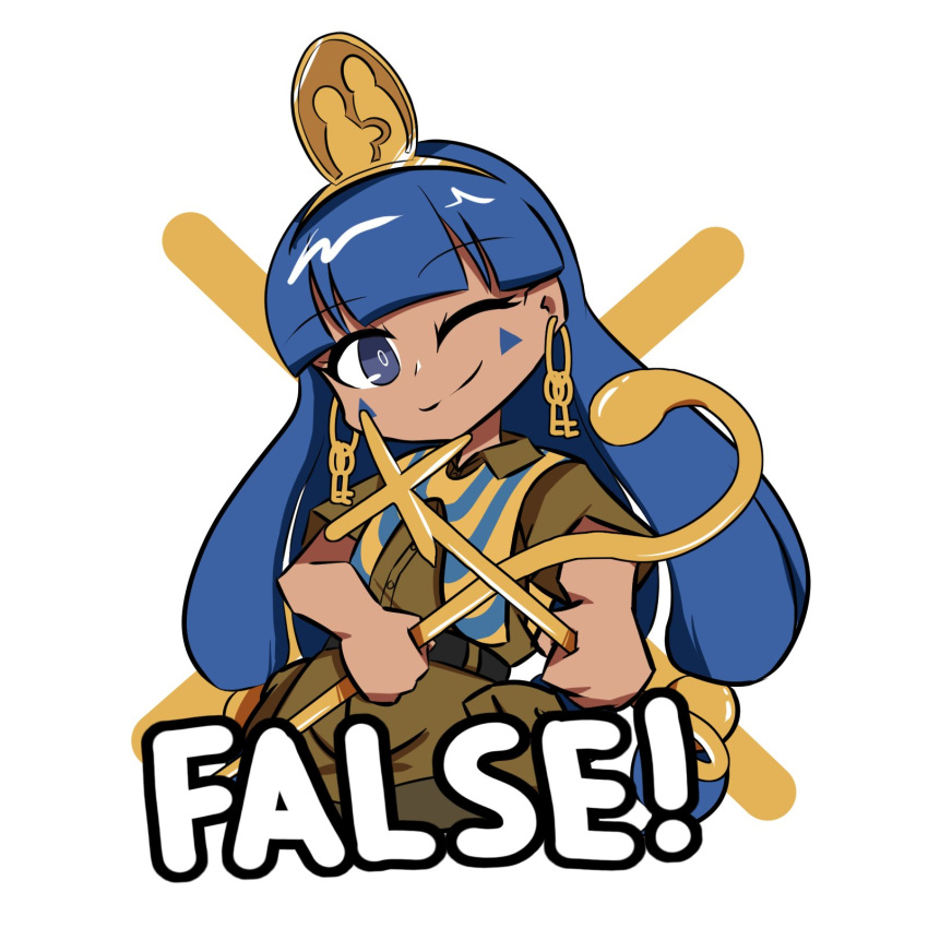 1girl, avian_zebra, blue_eyes, blue_hair, blunt_bangs, brown_shirt, brown_shorts, closed_mouth, clothes_writing, collared_shirt, commentary, earrings, english_commentary, facial_mark, hair_ornament, highres, holding, jewelry, key_earrings, long_hair, looking_at_viewer, michigami_nareko, one_eye_closed, shirt, short_sleeves, shorts, solo, touhou, triangle, triangle_facial_mark