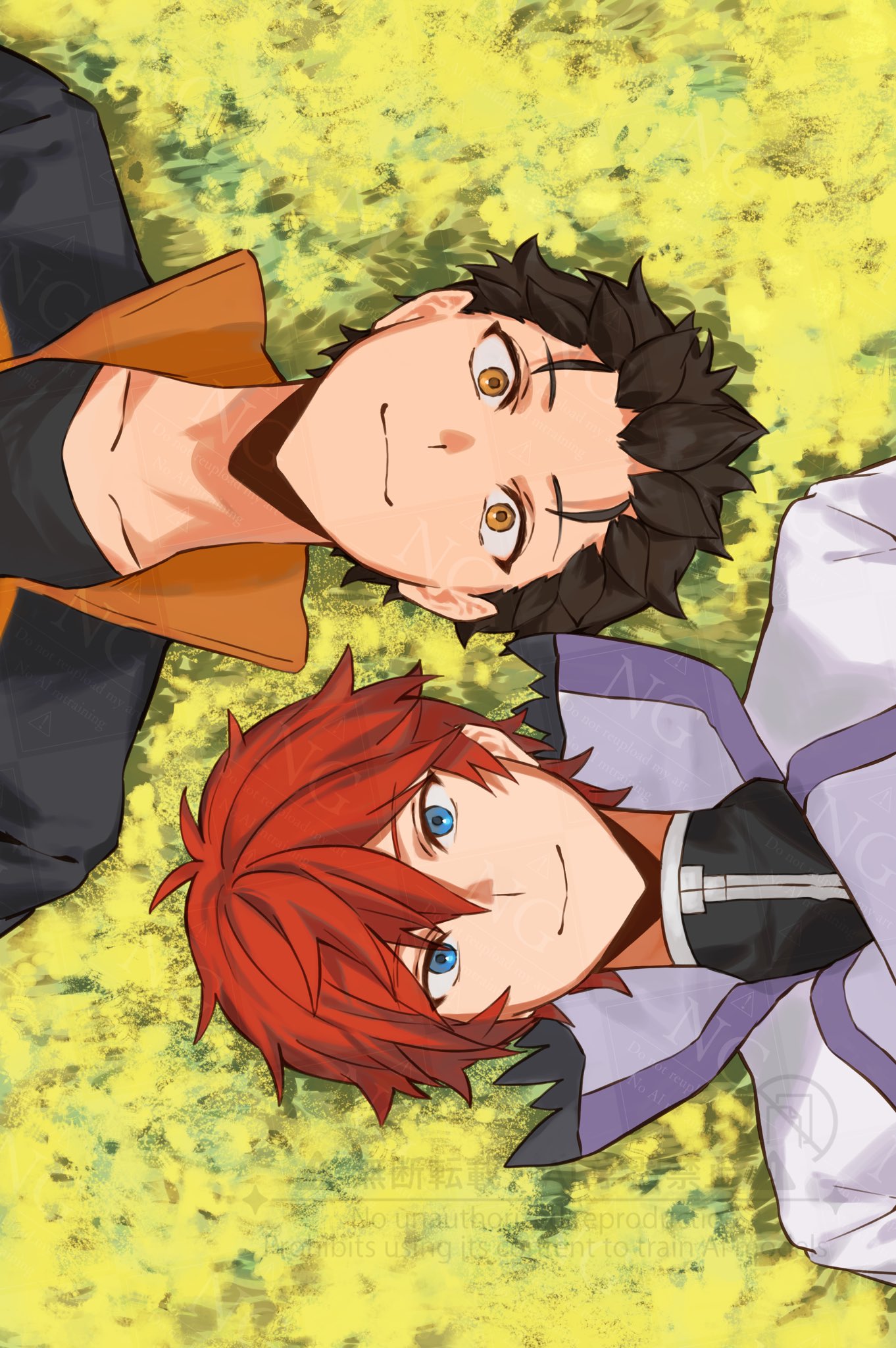 2boys, black_hair, blue_eyes, collared_shirt, commentary_request, eu_sem_voce_(meme), grass, highres