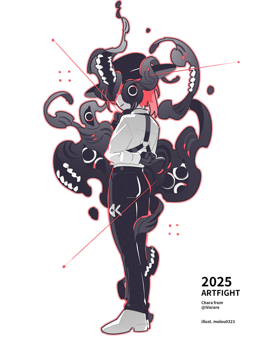 1girl, arm_behind_back, art_fight_attack, artist_name, black_gloves, black_hat, black_pants, closed_mouth