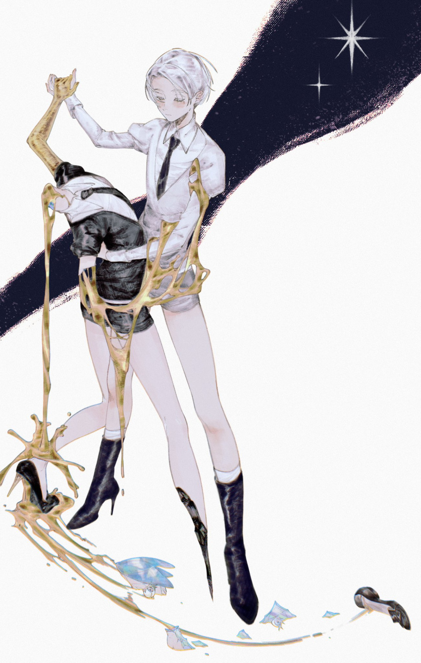 2others, amputee, androgynous, antarcticite, aqua_hair, black_boots, black_jacket, black_necktie