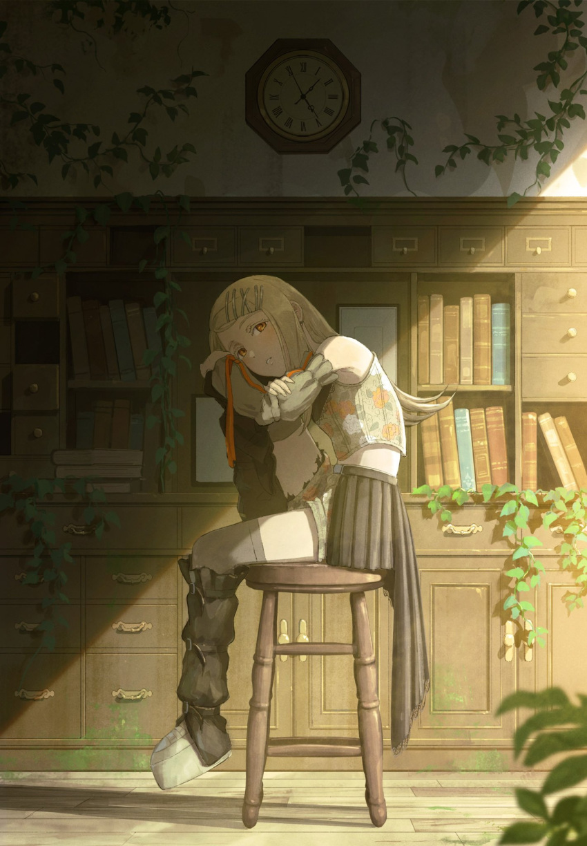 1girl, backlighting, black_overskirt, blonde_hair, book, bookshelf, chest_of_drawers, clock