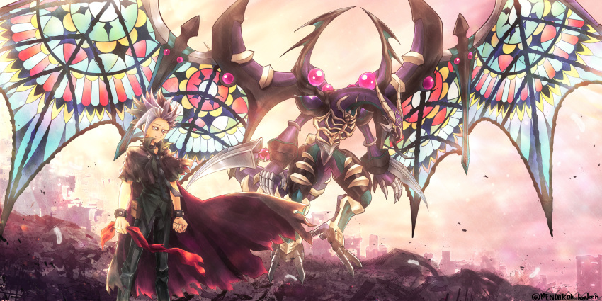 1boy, 1other, absurdres, black_boots, black_pants, blue_hair, bone, boots, bracelet, cape, claws, commentary_request, dark_requiem_xyz_dragon, dragon, dragon_horns, feet_out_of_frame, forehead, highres, horns, jewelry, mendako_(user_ehek4527), multicolored_hair, pants, purple_cape, purple_hair, ribs, short_sleeves, standing, ute_(yu-gi-oh!), western_dragon, yellow_eyes, yu-gi-oh!, yu-gi-oh!_arc-v