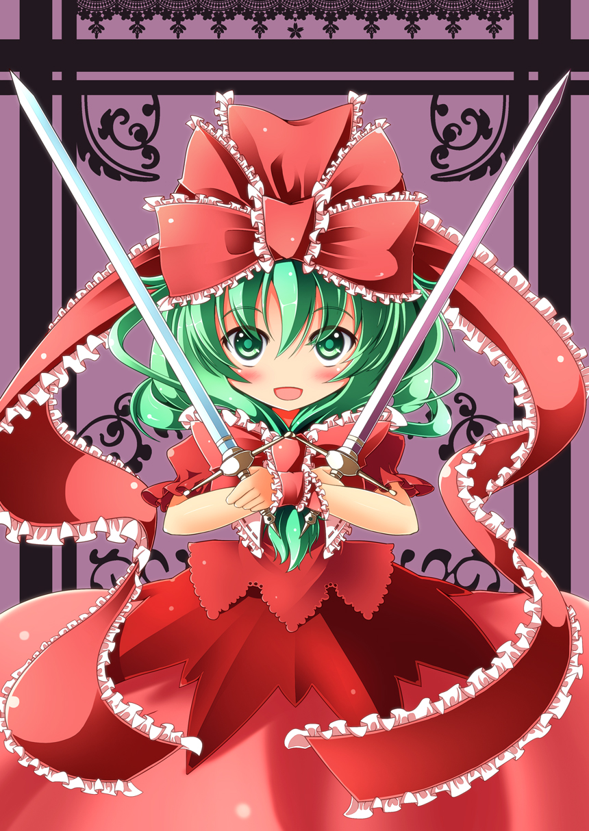 blush, dress, dual_wielding, frills, front_ponytail, green_eyes, green_hair, highres