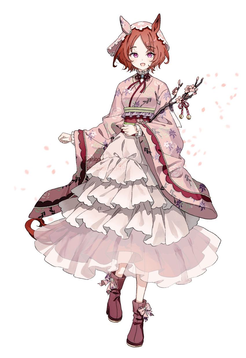 1girl, animal_ears, blush, branch, breasts, brown_hair, brown_ribbon, ear_covers