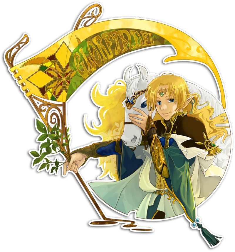 art_nouveau, blonde_hair, blue_eyes, elf, fantasy, glorfindel, horse, long_hair