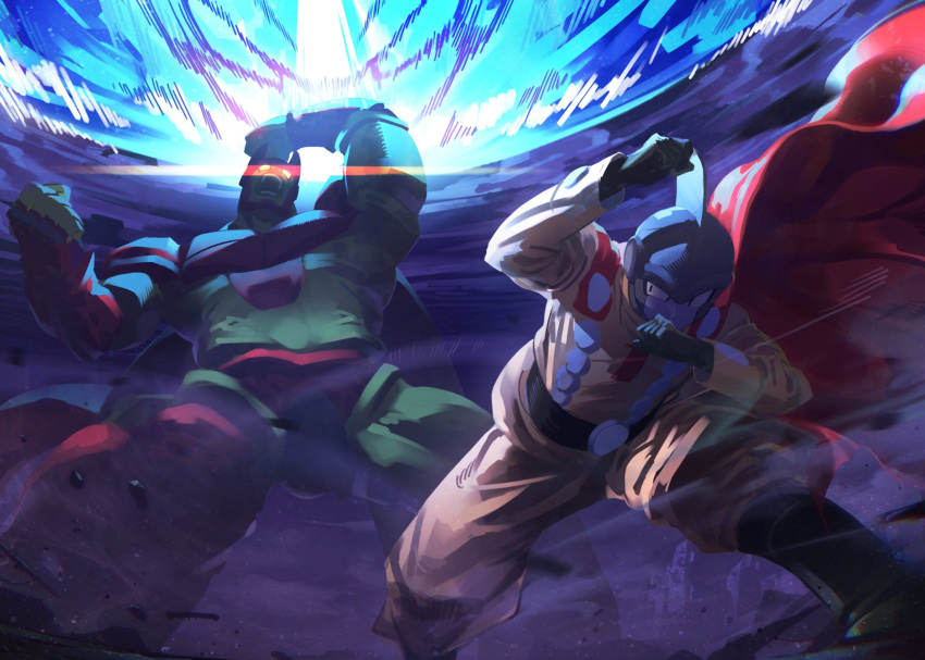 2boys, android, aura, battle, cape, cell_max, colored_skin, commentary