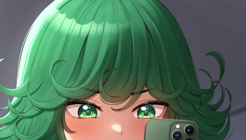1girl, blurry, blurry_background, blush, cellphone, curly_hair, green_eyes, green_hair