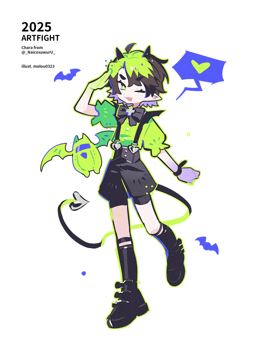 1boy, 2025, ;d, ahoge, arm_up, black_bow, black_bowtie, black_horns