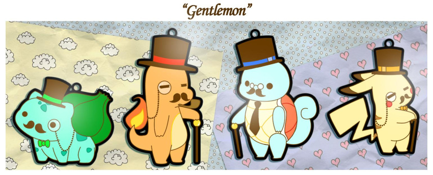 bowtie, bulbasaur, cane, charmander, chibi, clothed_pokemon, facial_hair, fire