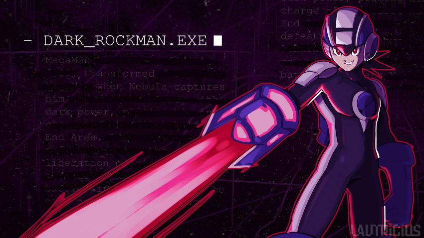1boy, arm_blade, black_background, bodysuit, character_name, cowboy_shot, dark_megaman.exe, energy_sword, english_text, helmet, highres, lautricius, male_focus, mega_man_(series), mega_man_battle_network_(series), parted_lips, purple_bodysuit, purple_helmet, smirk, solo, sword, violet_eyes, weapon