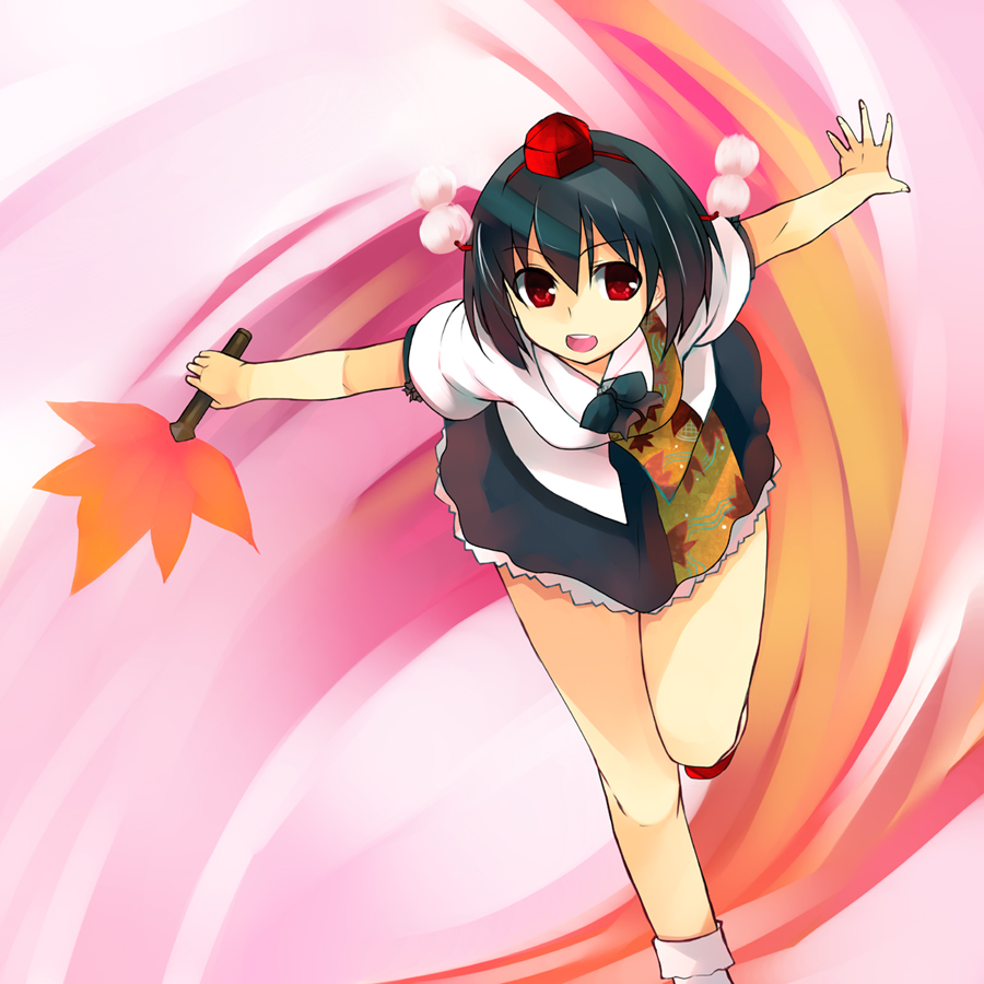 bare_legs, black_hair, dress_shirt, hat, outstretched_arms, red_eyes, sawamura_hikaru, shameimaru_aya