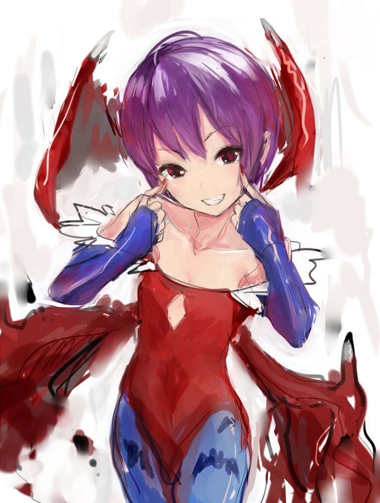 bat_wings, demon_girl, elbow_gloves, gloves, grin, head_wings, leotard, lilith_aensland