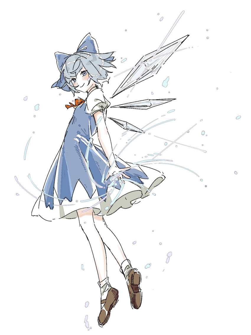 1girl, ankle_socks, blue_bow, blue_dress, bow, brown_shoes, cirno, closed_mouth