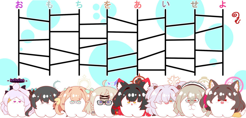 >_<, 6+girls, :d, ahoge, akane_(blue_archive), animal_ear_fluff, animal_ears, black-framed_eyewear
