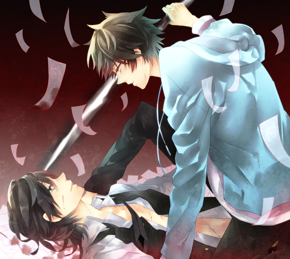 2boys, black_hair, brown_hair, c_(control), c_the_money_of_soul_and_possibility_control, eye_contact, kanan_yt, male