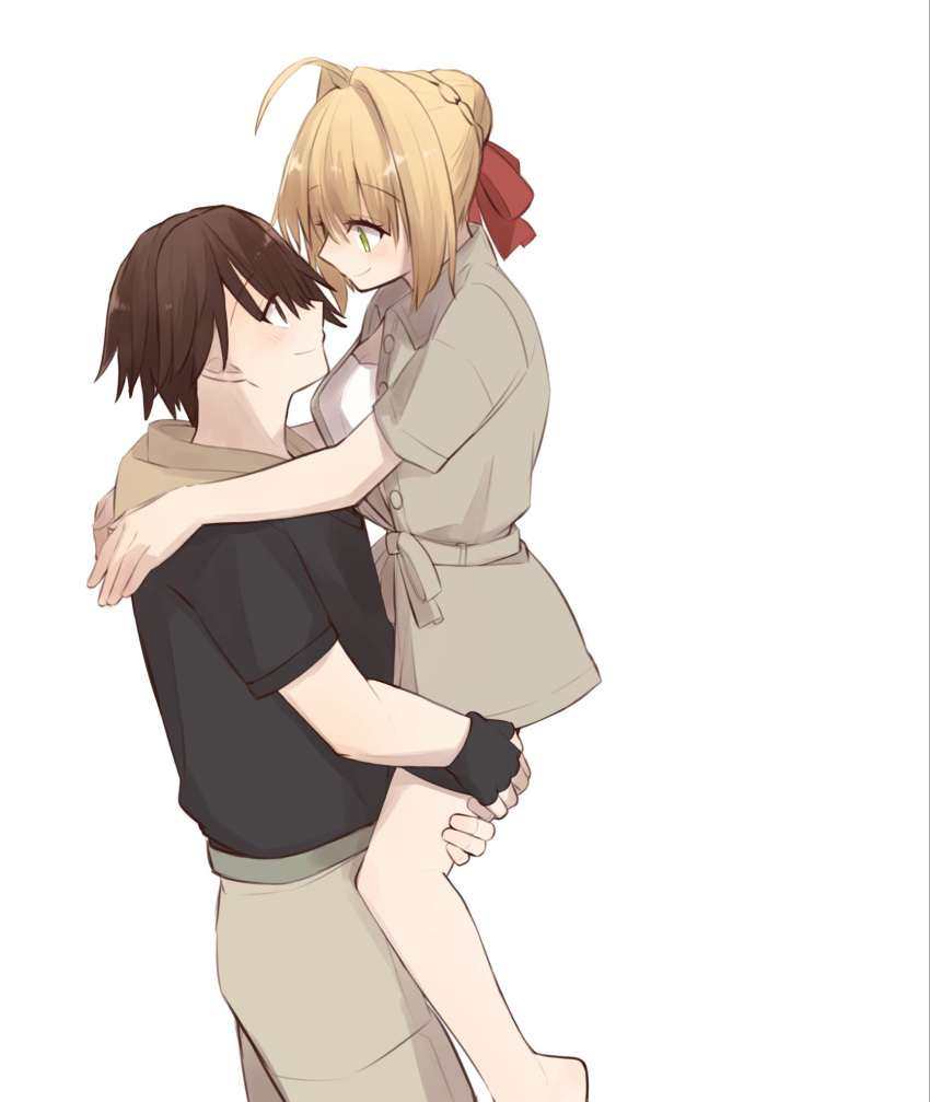 1boy, 1girl, 46isky21, ahoge, belt, black_gloves, black_shirt, blonde_hair
