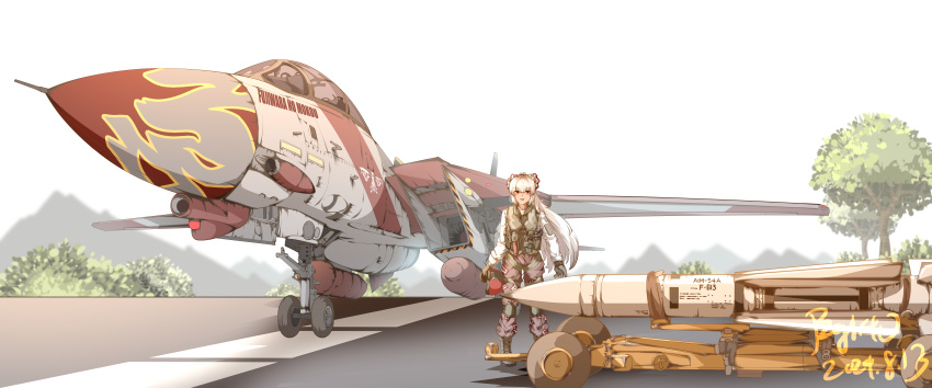 absurdres, aircraft, airplane, alternate_costume, bow, bush, character_name, commentary_request, day, f-14_tomcat, fighter_jet, flight_suit, fujiwara_no_mokou, gloves, grey_gloves, hair_bow, helmet, highres, holding, holding_unworn_helmet, long_hair, long_sleeves, looking_at_viewer, military, military_vehicle, missile, mountain, outdoors, pilot, pzgr.40, red_eyes, runway, sky, standing, touhou, tree, unworn_headwear, unworn_helmet, white_hair, white_sky