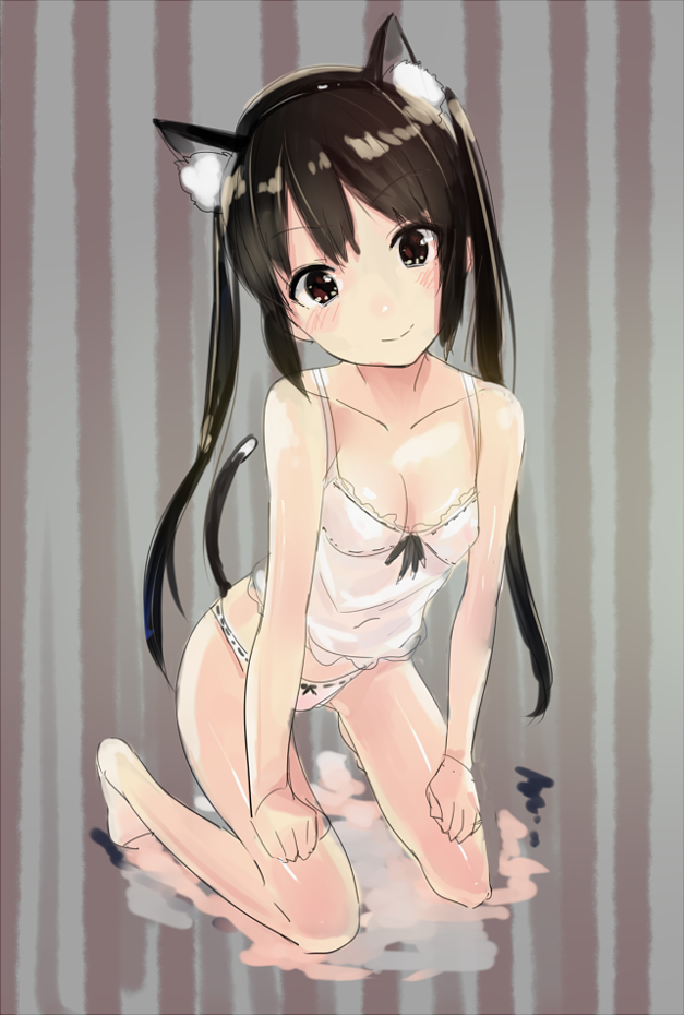 animal_ears, barefoot, black_hair, blush, bow, bow_panties, breasts, brown_eyes