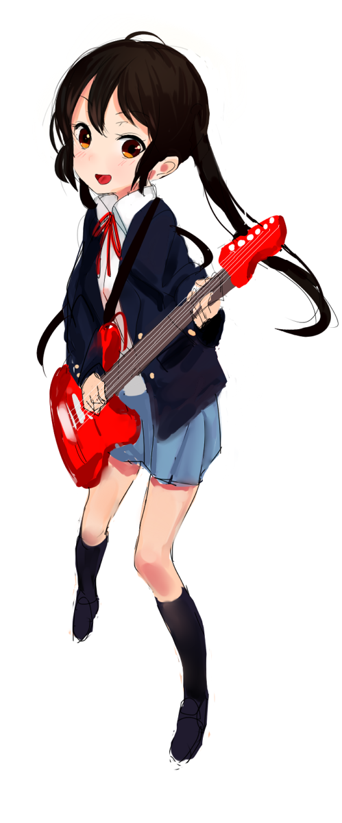 :d, black_hair, black_legwear, blazer, blush, brown_eyes, guitar, highres