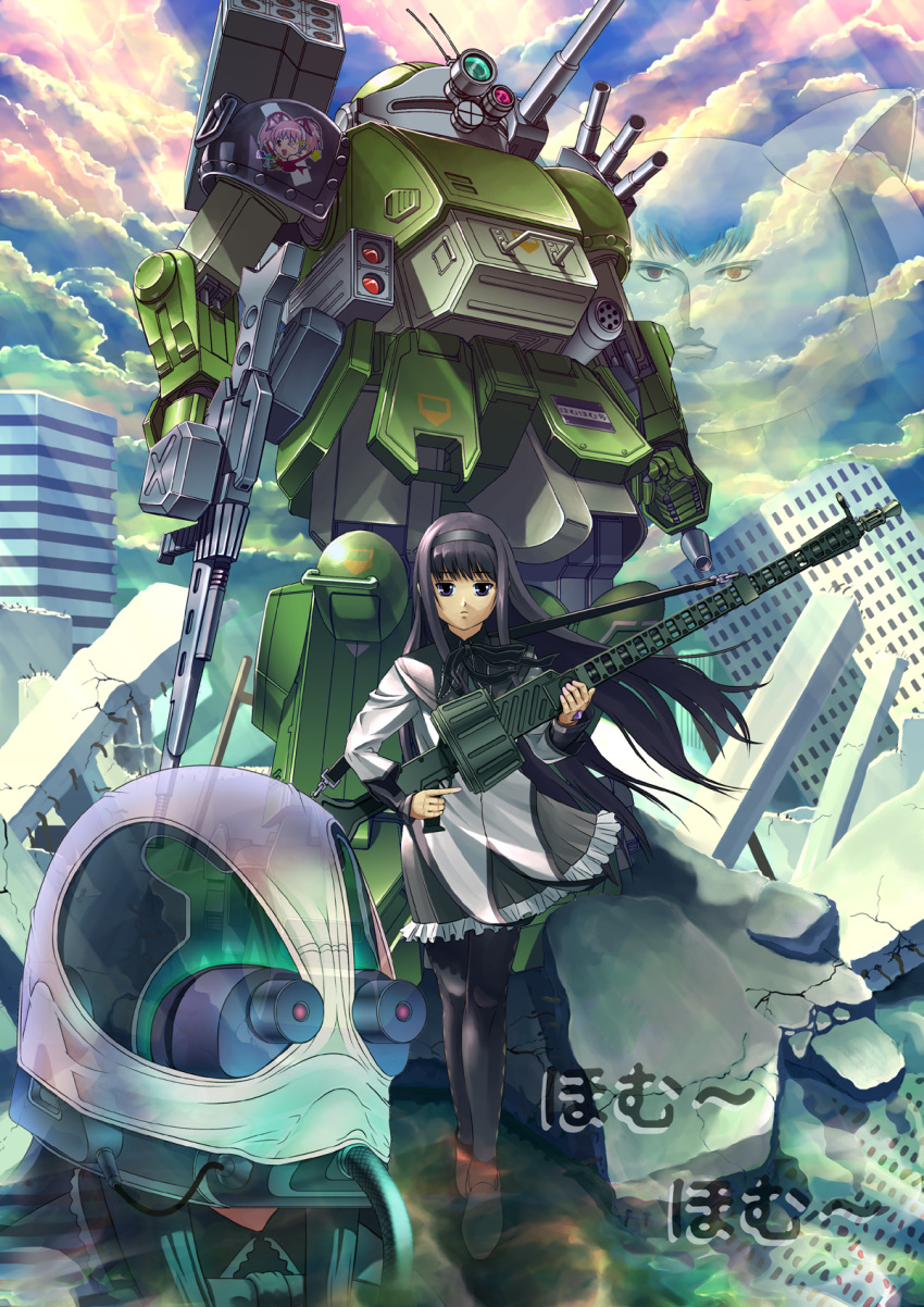 argyle, argyle_legwear, black_hair, black_legwear, building, cannon, chirico_cuvie, cloud