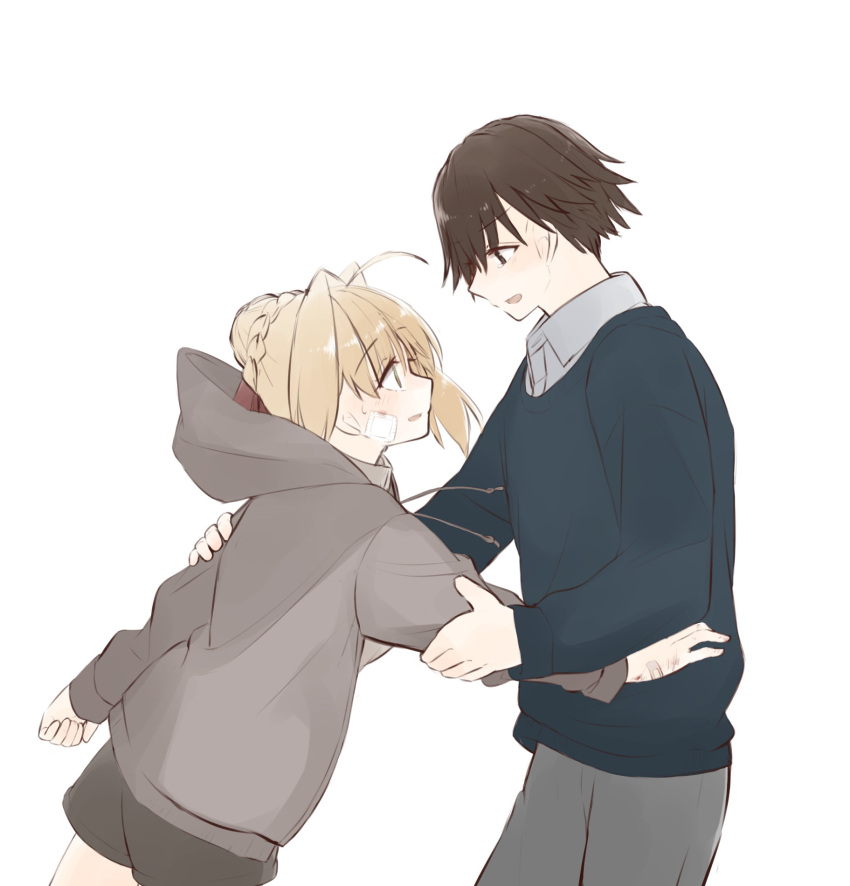 1boy, 1girl, 46isky21, ahoge, bandaid, bandaid_on_face, black_shorts, blonde_hair
