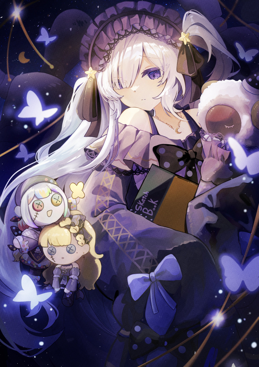 1girl, absurdres, blue_butterfly, blue_dress, blue_hairband, bow, bug, butterfly, character_doll, commentary_request, crescent, crescent_necklace, doll, drawing_mannequin, dress, frilled_dress, frills, gothic_lolita, hair_over_one_eye, hairband, highres, holding, holding_sketchbook, jewelry, jogasaki_noah, lolita_fashion, lolita_hairband, long_hair, mahou_shoujo_no_majo_saiban, natsume_an-an, necklace, polka_dot, polka_dot_bow, saeki_miria, siocm, sketchbook, sleeves_past_fingers, sleeves_past_wrists, solo, stuffed_animal, stuffed_sheep, stuffed_toy, tied_sleeves, very_long_hair, violet_eyes, white_hair