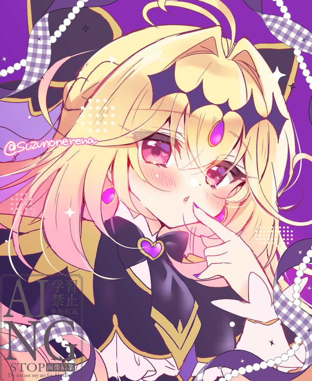 1girl, antenna_hair, black_capelet, blonde_hair, blush, capelet, chestnut_mouth, commentary_request