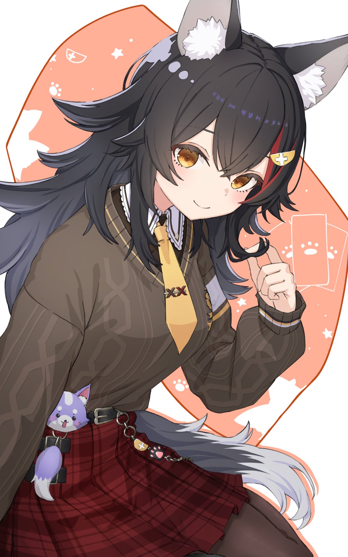 1girl, animal_ear_fluff, animal_ears, belt, black_belt, black_hair, black_pantyhose, brown_shirt