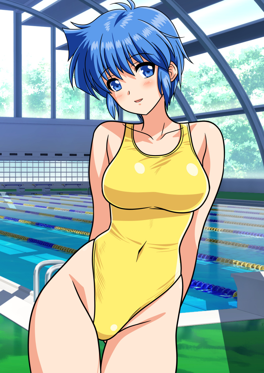 1girl, absurdres, arms_behind_back, blue_eyes, blue_hair, commentary_request, covered_navel, cowboy_shot