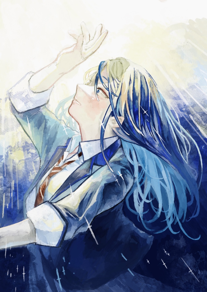 1girl, absurdres, arm_up, blazer, bloom, blue_eyes, blue_hair, blush